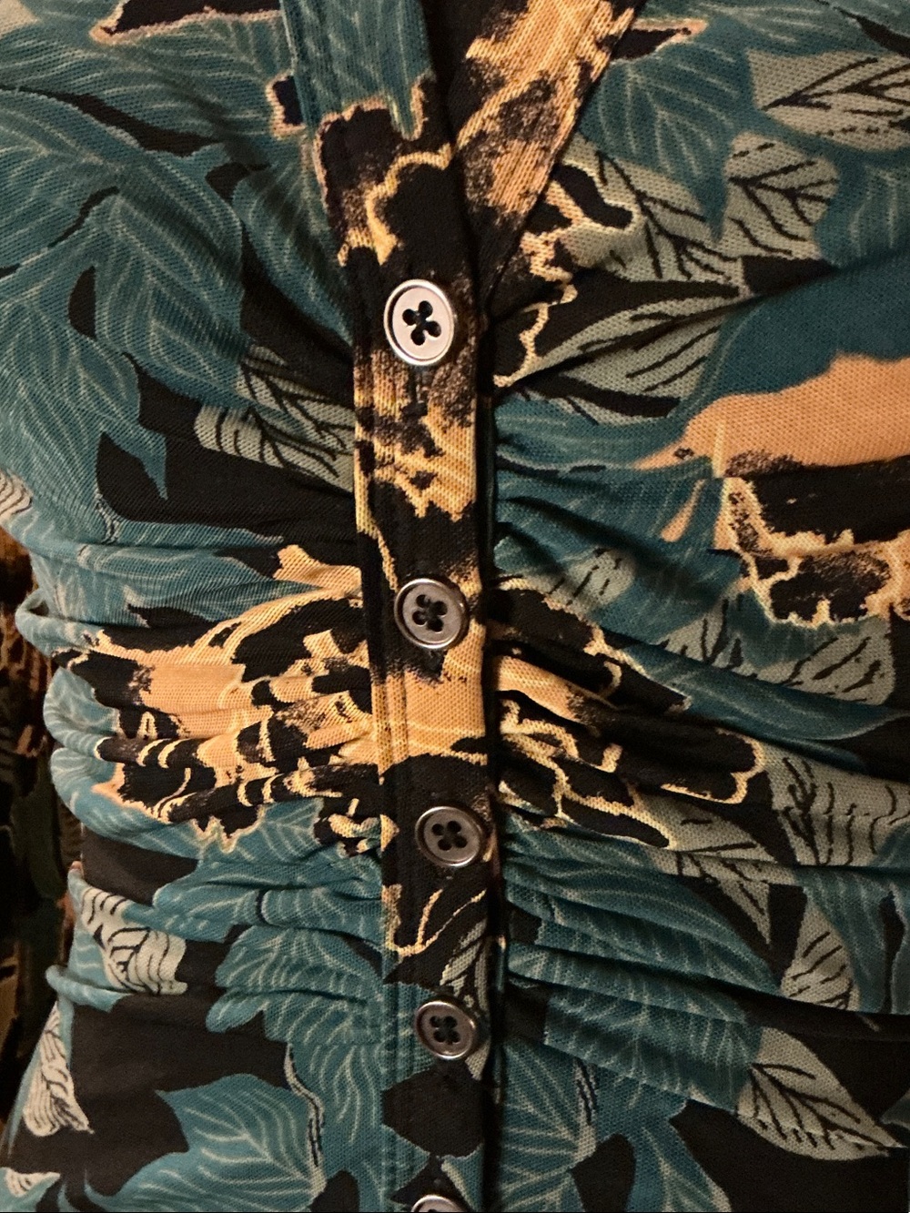 Free People Teal & Beige Floral Ruched Button-Up Shirt - Picture 2 of 4